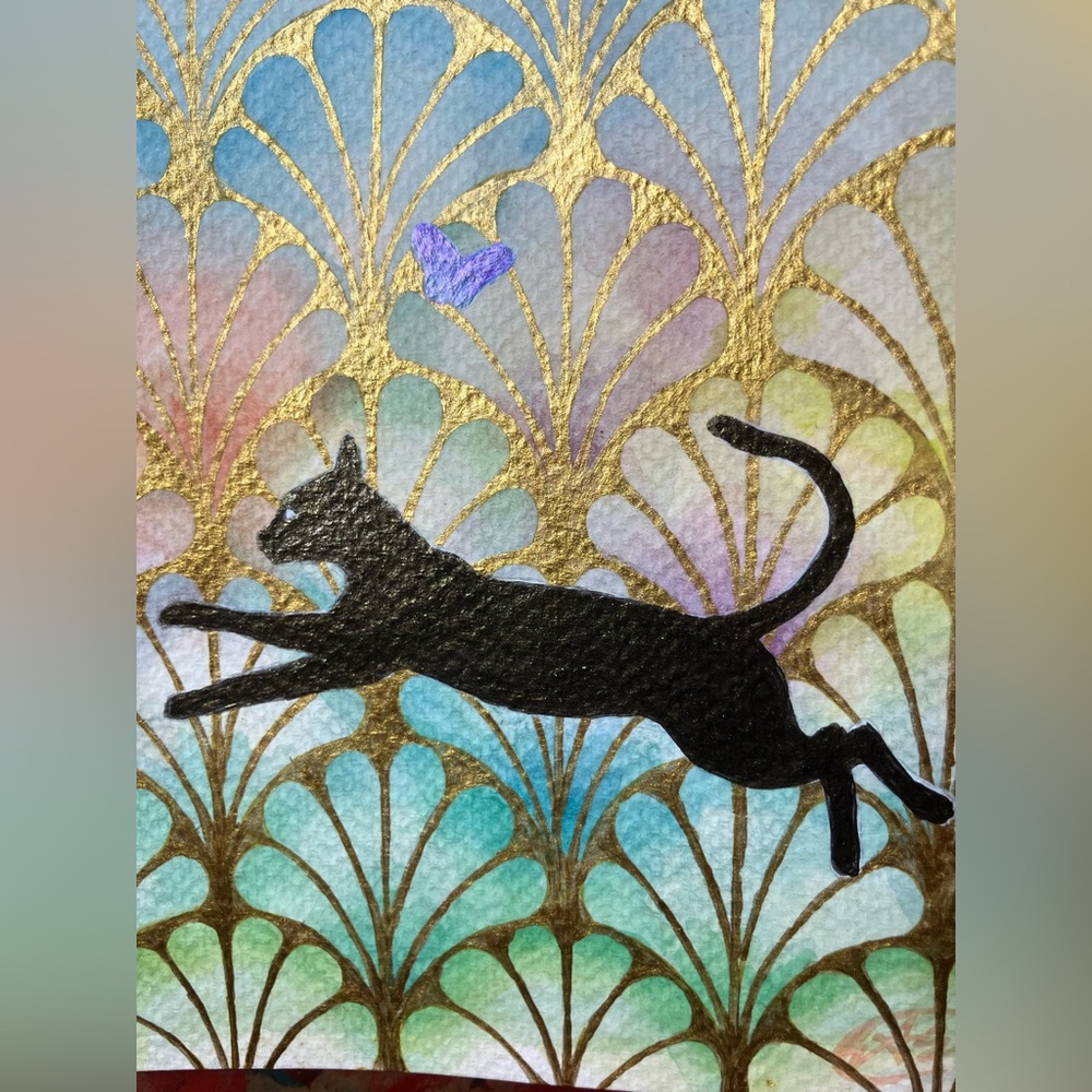 Original cat painting butterflies art nouveau hold accent decor Artettina USA - Picture 6 of 8